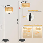 Rustic Black Farmhouse Floor Lamp with Woven Rattan Shade - 12W LED, Remote & Dimmable 3-Color Temp, Tall Standing Lamp for Living Room