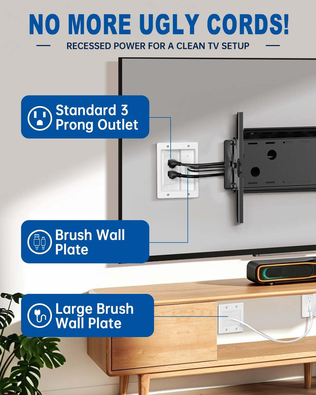 in wall Cable Management KKT with Triple Outlet, recessed Outlet with Brush Wall Plate, 9ft Cord, tv Cord Hider for Wall Mounted tv, for HDMI Cables and Home Theater Systems