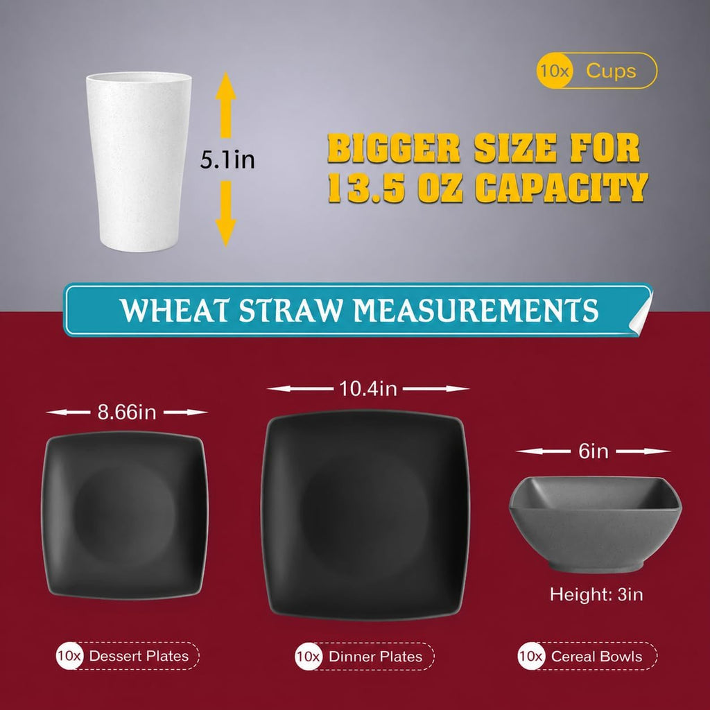 Teivio 40-piece Kitchen Wheat Straw Square Dinnerware Set,Service for 10, Unbreakable Dinner Plates, Salad Plates, Snack Bowls, Cups 13.5 oz, Dishwasher Safe, Plastic Outdoor RV Dishes,Gray Ombre