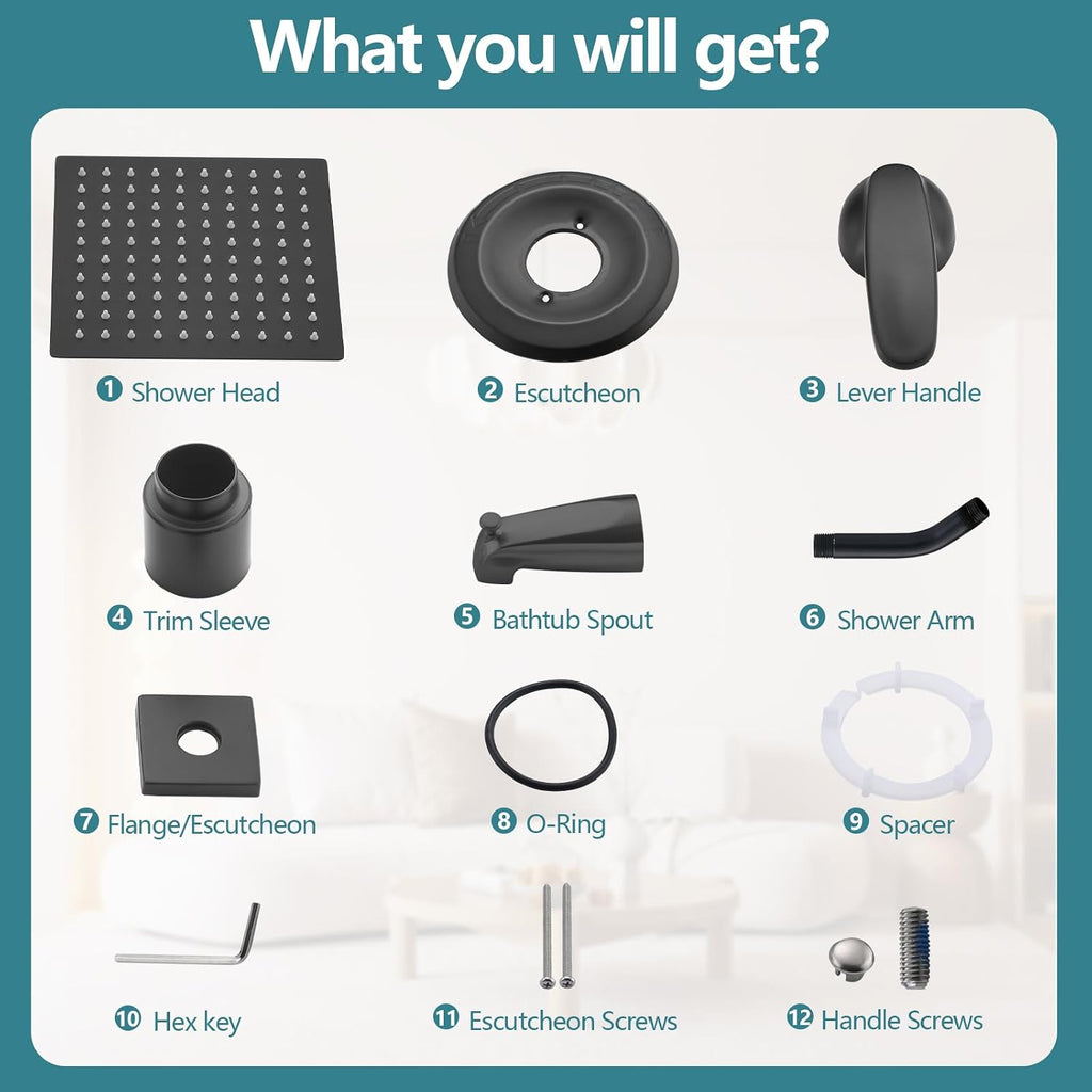 8" Shower Faucet Compatible with Delta 13/14 Series Tub Trim Kit, High Pressure Square Rain Shower Head& Handle Set System, Matte Black (Valve& Catridge Not Inclued)