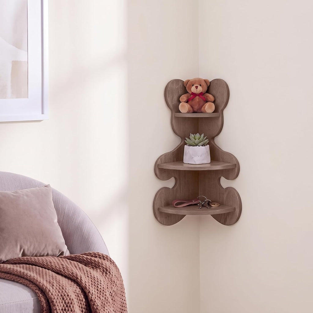 Novabright 3 Tier Bear Corner Shelf Wall Mounted Wooden Display 13.78 Inch