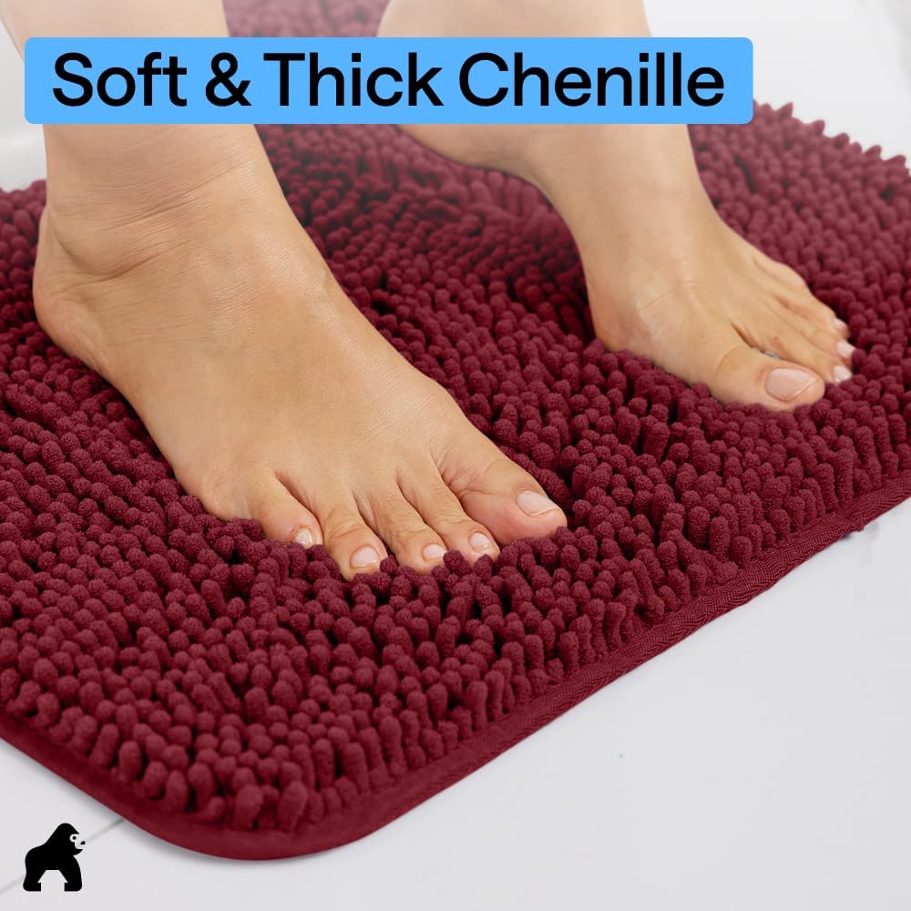 GORILLA GRIP Bath Rug Mat for Bathroom, Absorbent Chenille, 24x17 Burgundy