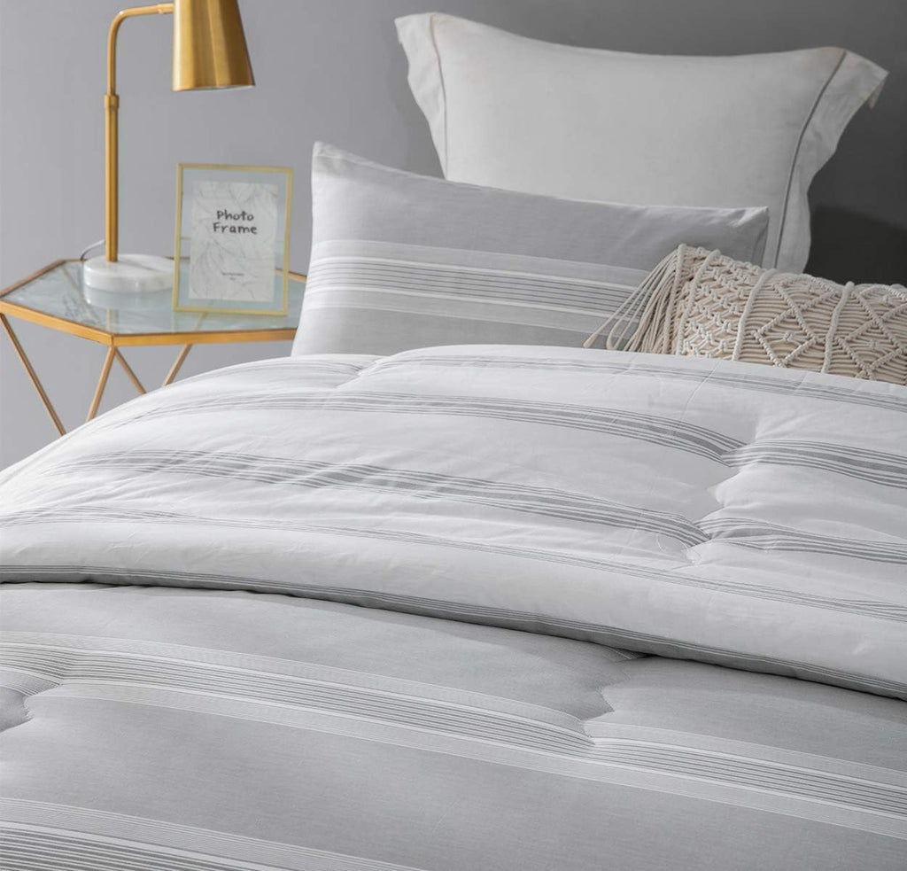 SLEEPBELLA Comforter King Size, 600 Thread Count Cotton Light Gray & White Stripes Reversible Pattern Grey Comforter Sets,Down Alternative Bedding Set 3Pcs (King, Grey Stripes)