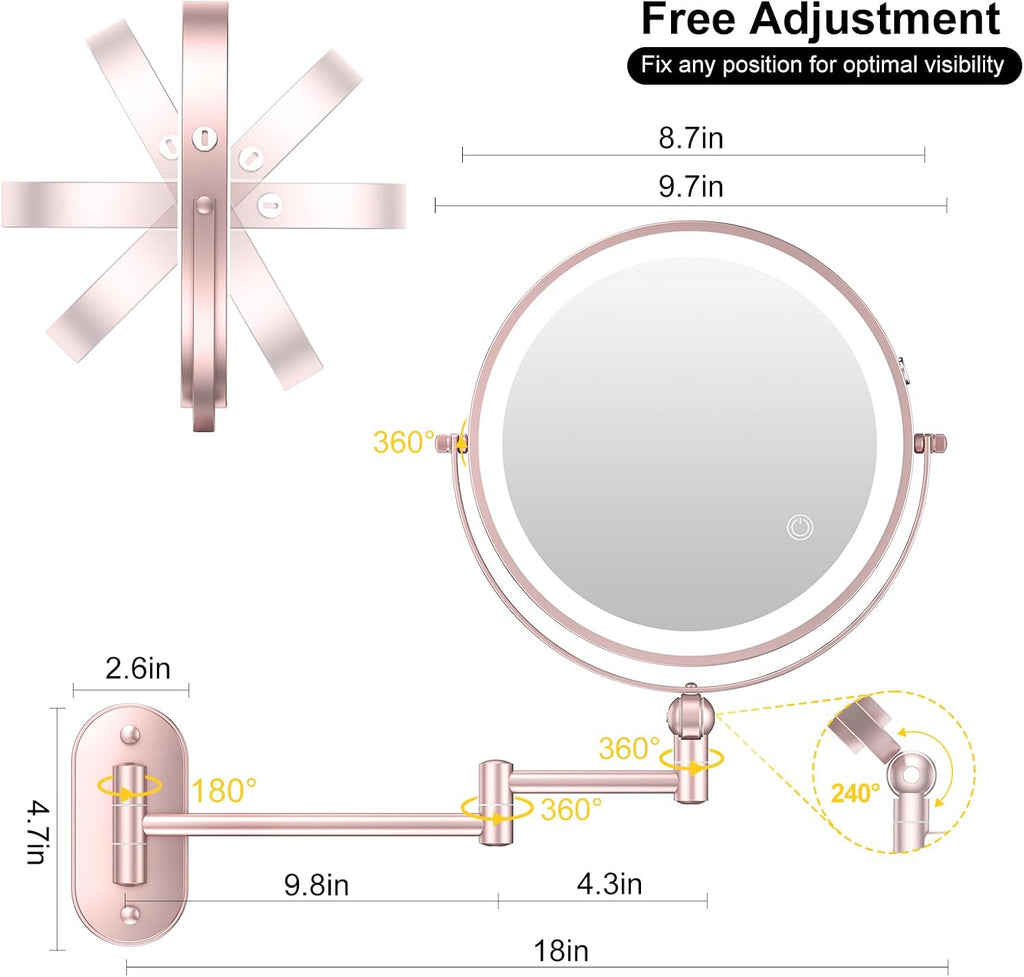 9" Wall Mounted Lighted Makeup Mirror,4000mAh Rechargeable Double Sided 1X/10X Magnifying Mirror with Light,3 Color Lights,Touch Dimmable,Extended Arm 360 Rotation Wall Mounted Makeup Mirror