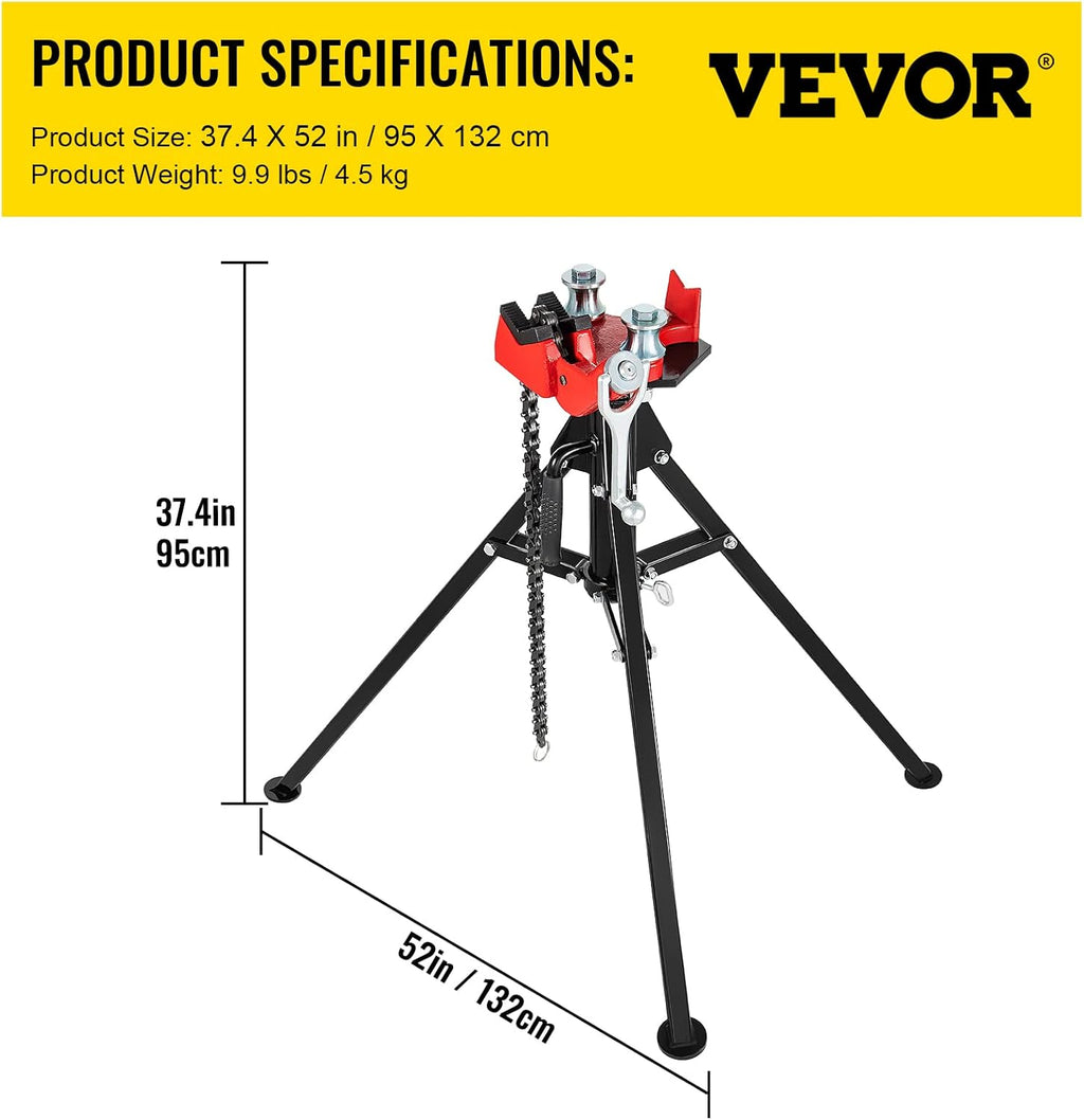 VEVOR Tripod Pipe Chain Vise, 1/8"-5" Pipe Capacity, 36.4“ Length Chain Vise Stand with Portable Folding Steel Legs, for Grabbing, Supporting and Bending Pipes in Factory, Workshop and Home