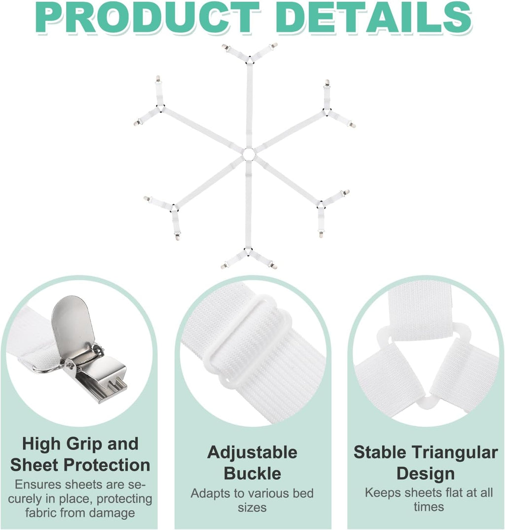 uxcell 2Pcs Bed Sheet Holder Straps, Elastic Adjustable Bedsheet Holders 6 Way Cross 12 Clips Fitted Sheet Holders Adjustable Mattress Bedsheet Clips for Corners Bed, White