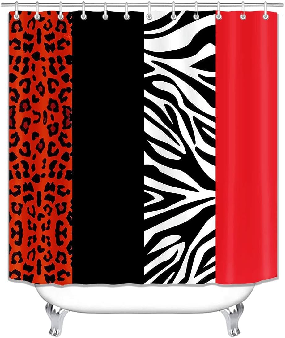 4PCS Leopard Print Shower Curtain Set with Rug, Toilet Lid Cover and Bath Mat,Red Black Splice Shower Curtain with 12 Hooks, Complete Bathroom Accessories Decor Set