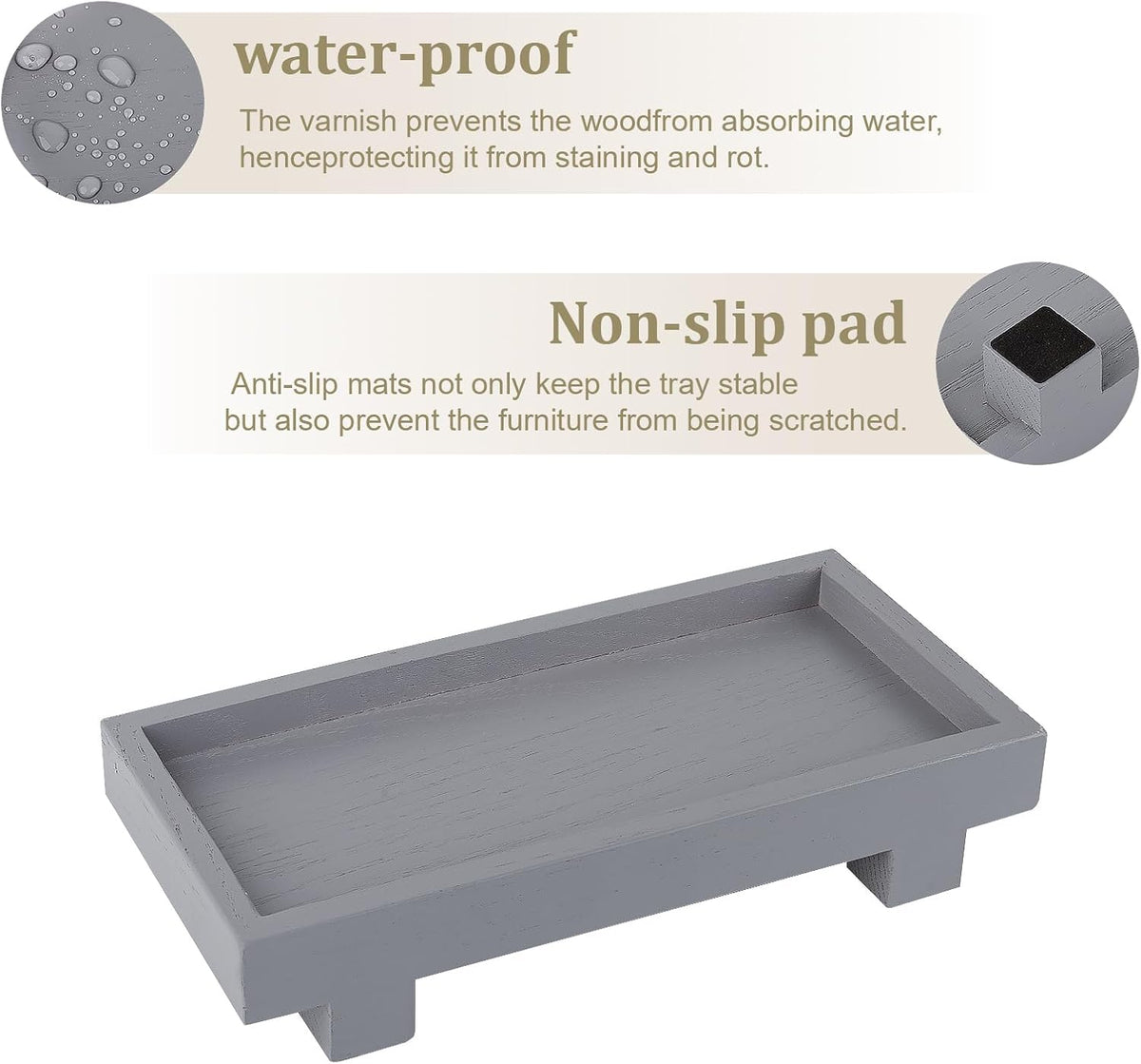 Bathroom Counter Tray Wooden Riser Display Kitchen Soap Holder, Gray