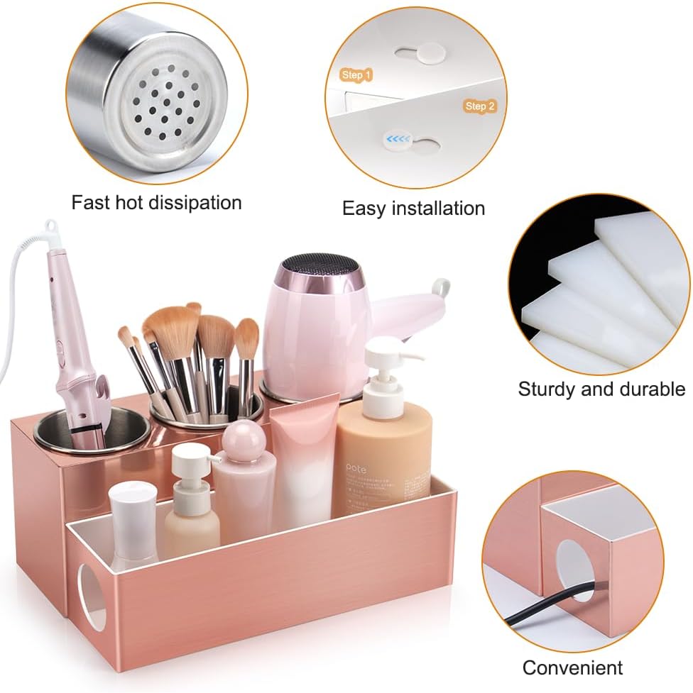 Hot Hair Styling Tool Organizer with 3 Stainless Steel Cups, Pink