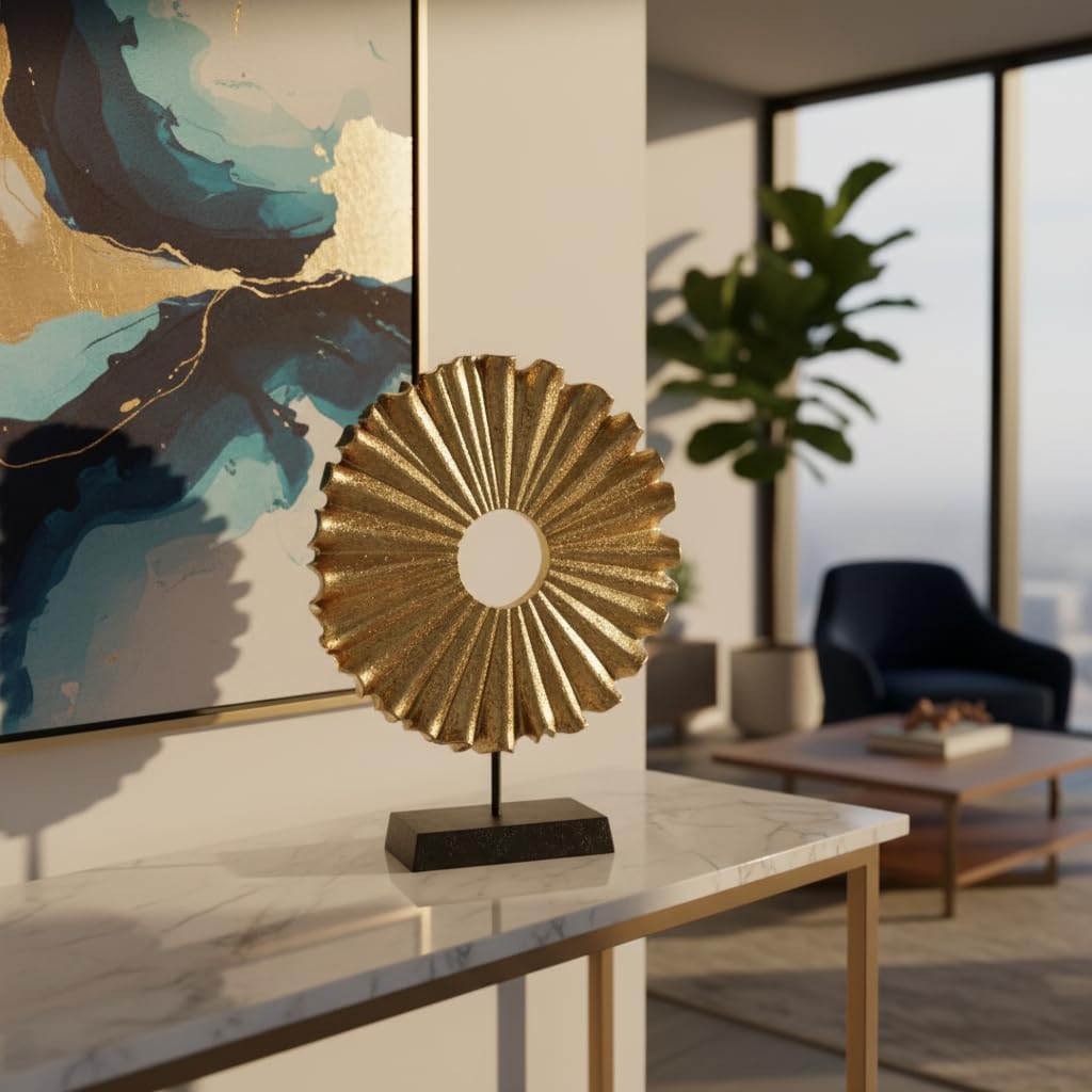 Modern Abstract Round Decorative Sculpture, Dining Living Room Desk Decor,Geometric Home Decor Statues,Shelf Top Decor Aesthetics, Coffee Tables or Office Shelves（Golden）