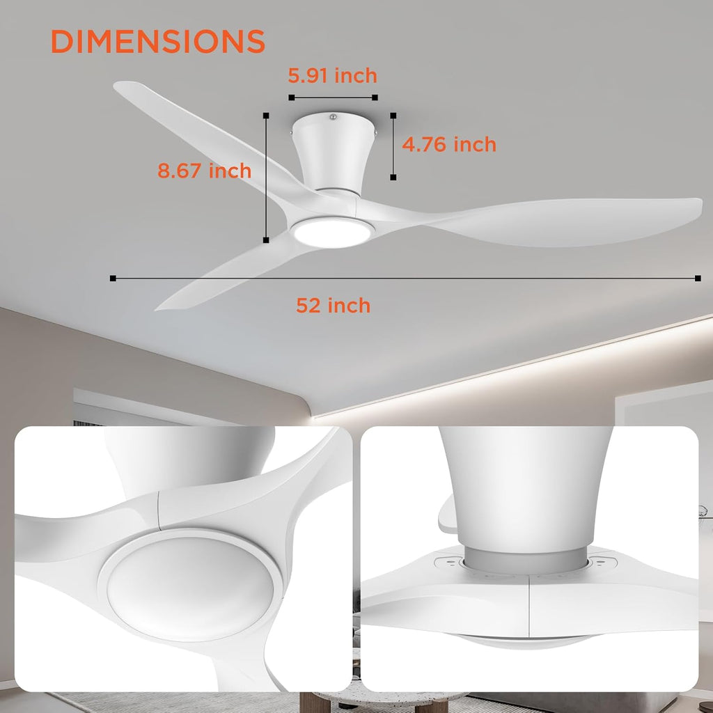 TALOYA 52 inch Smart Ceiling Fan,Low Profile Ceiling Fan with Light and Remote/App Control,Flush Mount, Quiet Reversible Motor for Living Room Bedroom Patio White
