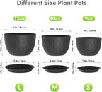 Meowell 12/10/9 inch Large Plant Pots, 3 Pack Wide Flower Pots for Outdoor Indoor Plants with Water Ripples, Big Plastic Planters with Drainage Holes and Saucers for Garden House Plants, Black