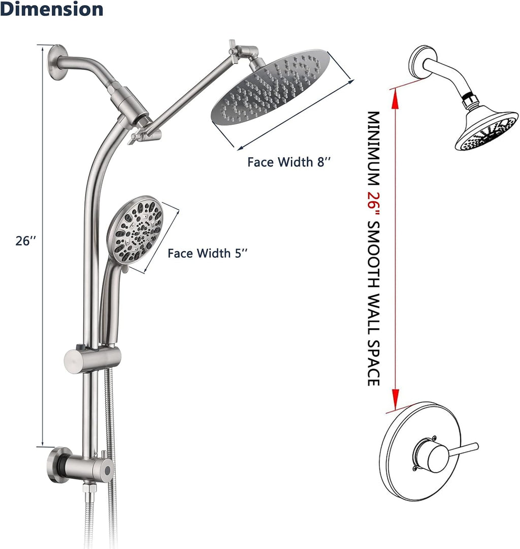 Rainfall 8 Inch Round Shower Head with High Pressure Handheld Spray Combo, Drill-Free Slide Bar with Adjustable Shower Extension Arm, 3-Way Diverter for Easy Reach, 5Ft Hose- Brushed Nickel
