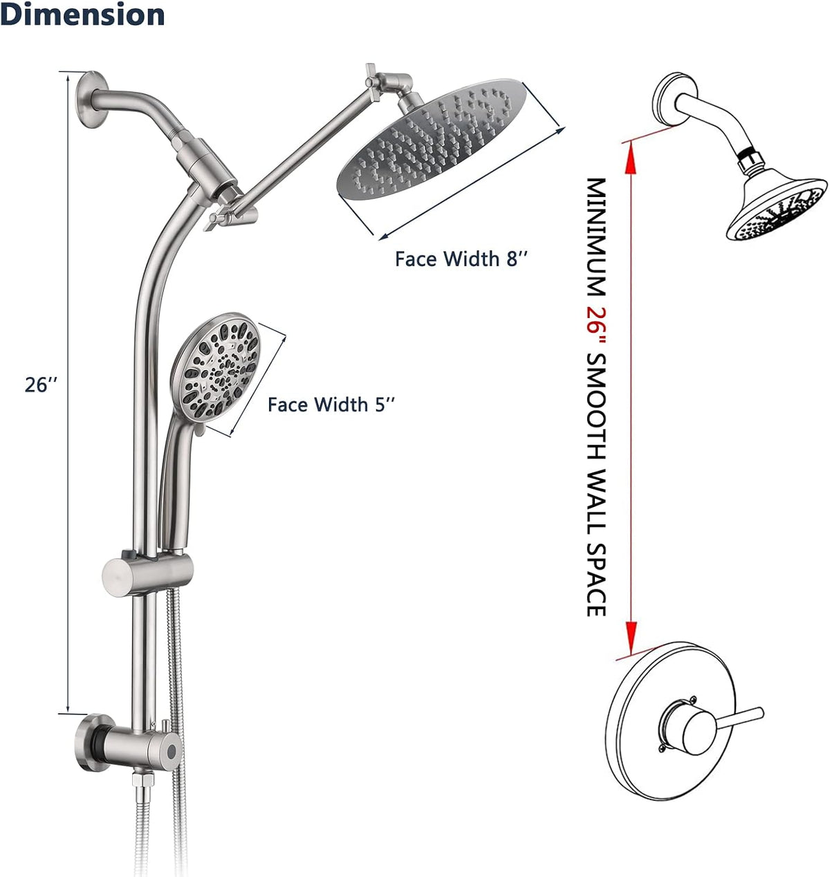 Rainfall 8 Inch Round Shower Head with High Pressure Handheld Spray Combo, Drill-Free Slide Bar with Adjustable Shower Extension Arm, 3-Way Diverter for Easy Reach, 5Ft Hose- Brushed Nickel