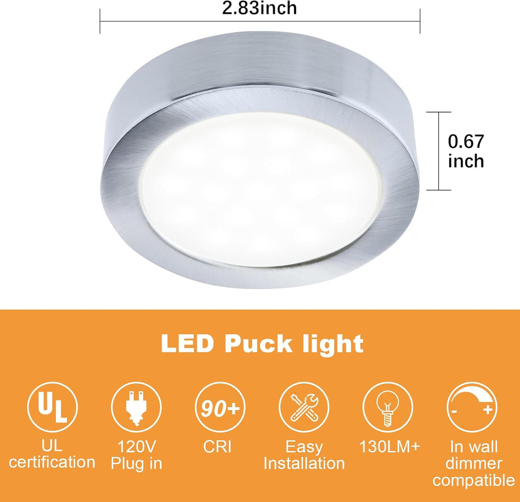 LUMILAND Wired LED Puck Lights 120V (2.7Wx3) Plug-in Lighting Warm White, LED Cabinet Light for Kitchen Can Be Surface Mount or Recess Mount, Satin Nickle