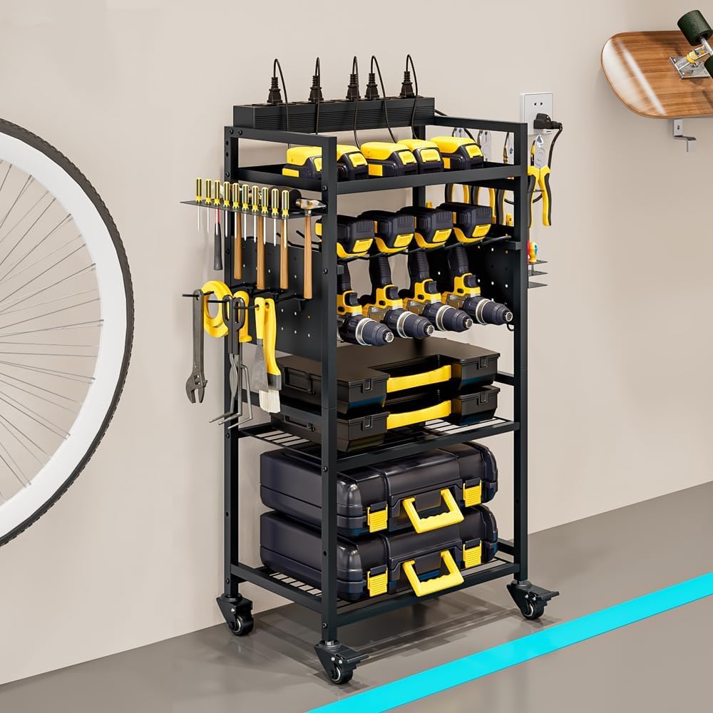 INGIORDAR Power Tool Organizer storage Cart with Charging Station,Black