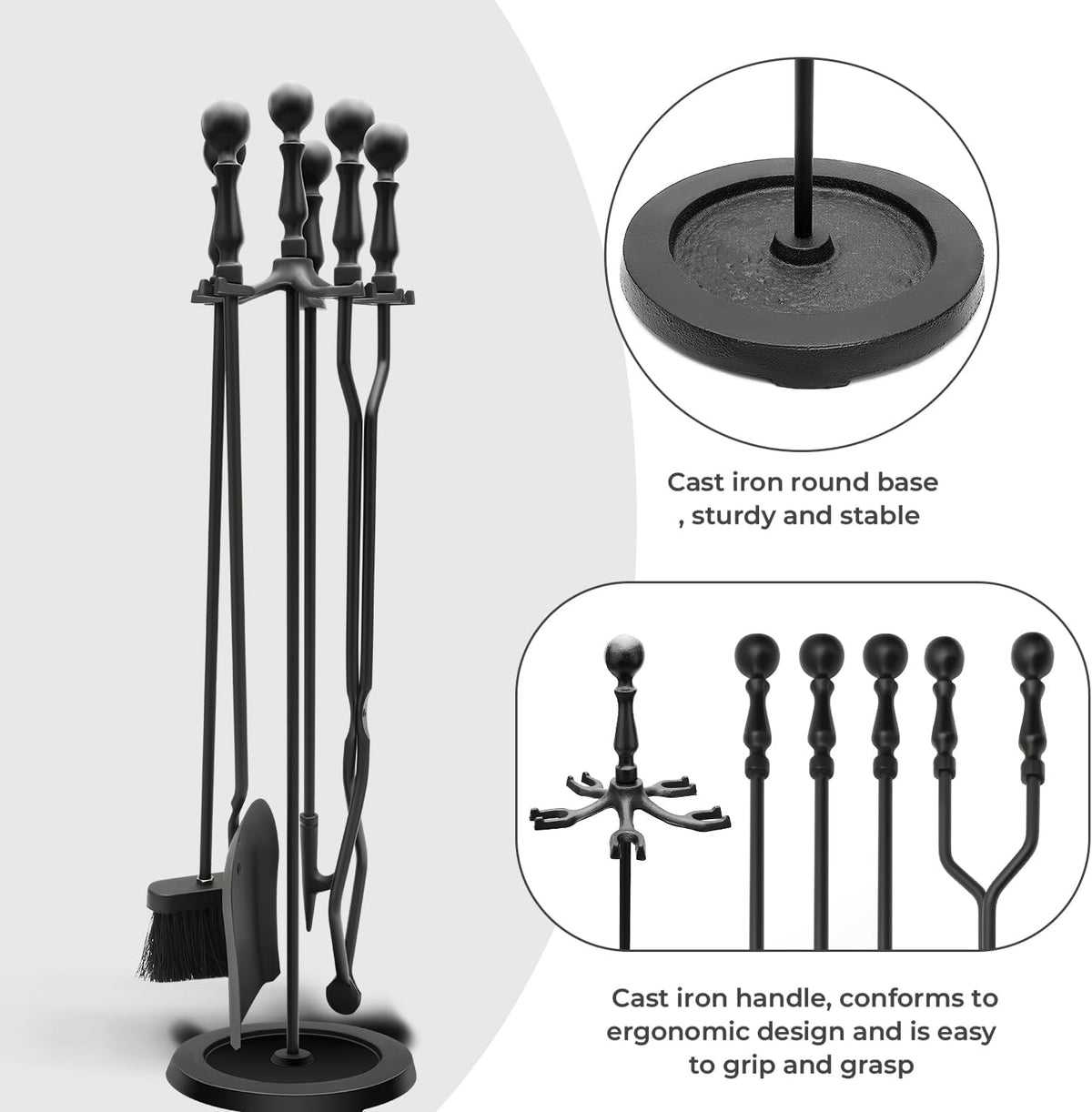 Heavy Duty Cast Iron Fireplace & Fire Pit Tools Set, 5-Piece