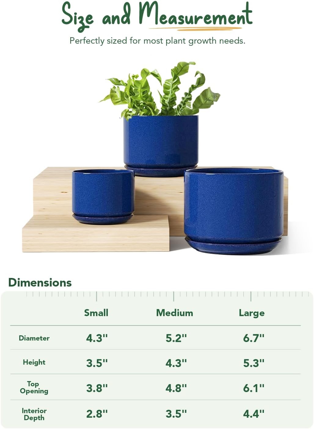 LE TAUCI Ceramic Pots for Plants, 4.3+5.3+6.8 Inch, Set of 3, Sapphire Blue