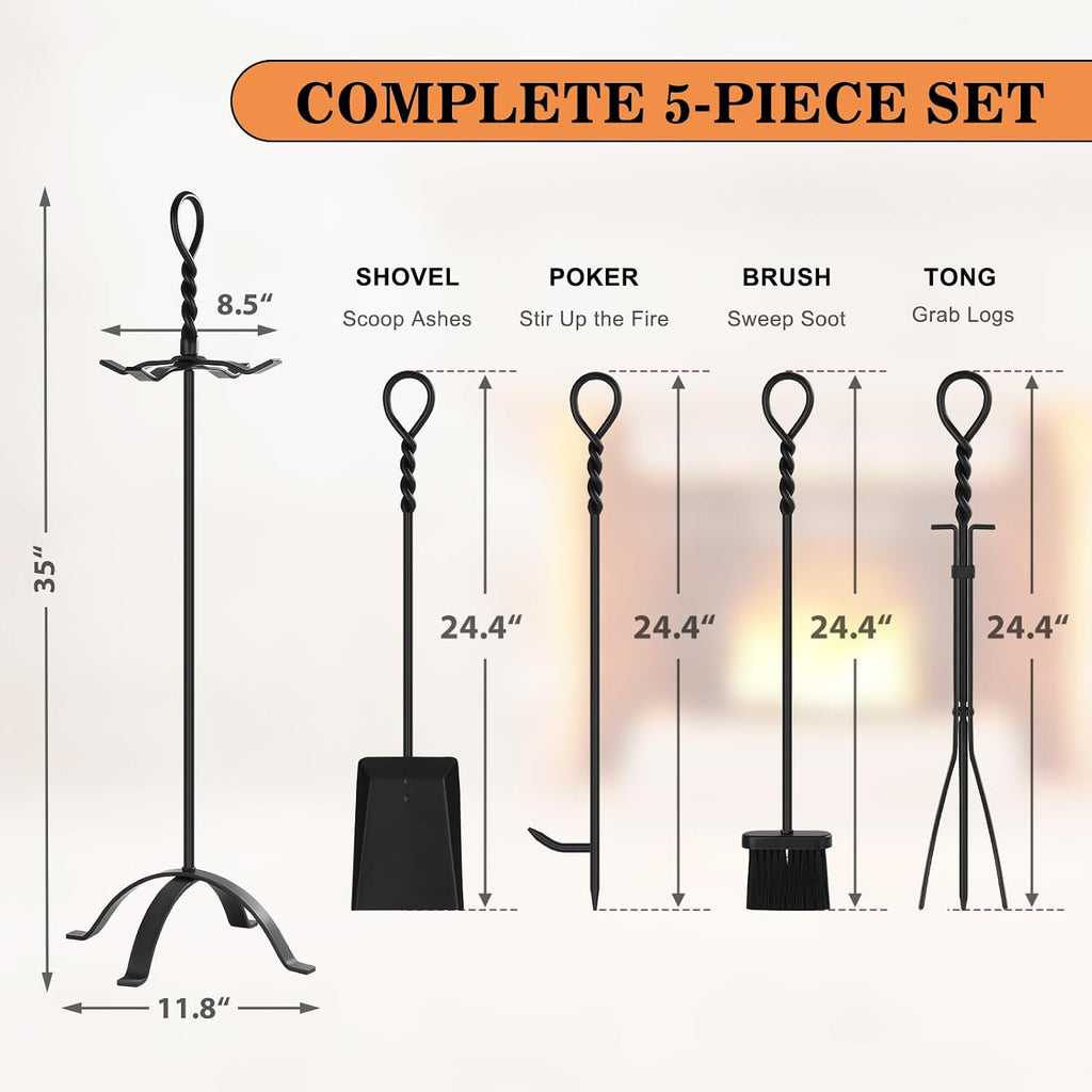 Gtongoko 35”Tall Fireplace Tools Set with Stand 5-Piece Solid Wrought Iron
