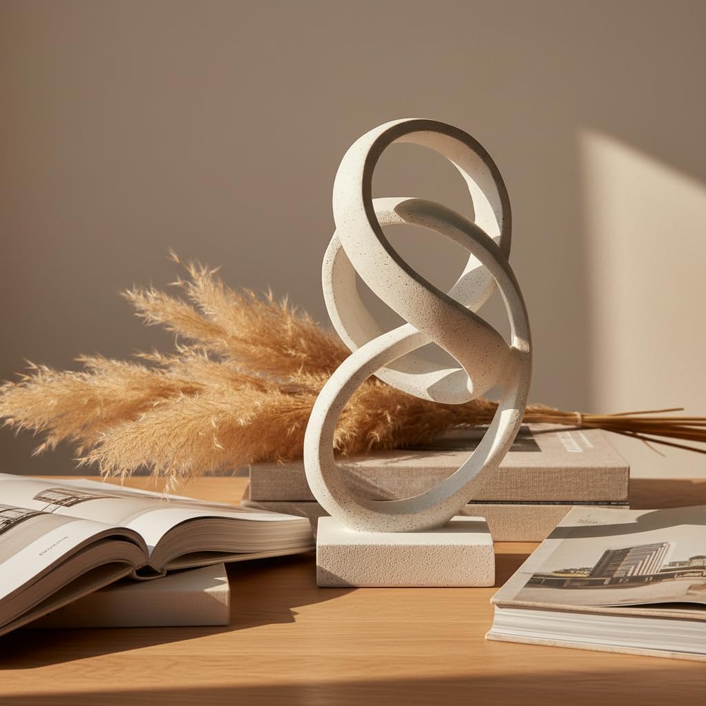 10" Modern Abstract Ribbon Decorative Sculpture, Knot Sculptures,Home Decor,Coffee Table Statues,Dining Living Room Desk Decor（White）