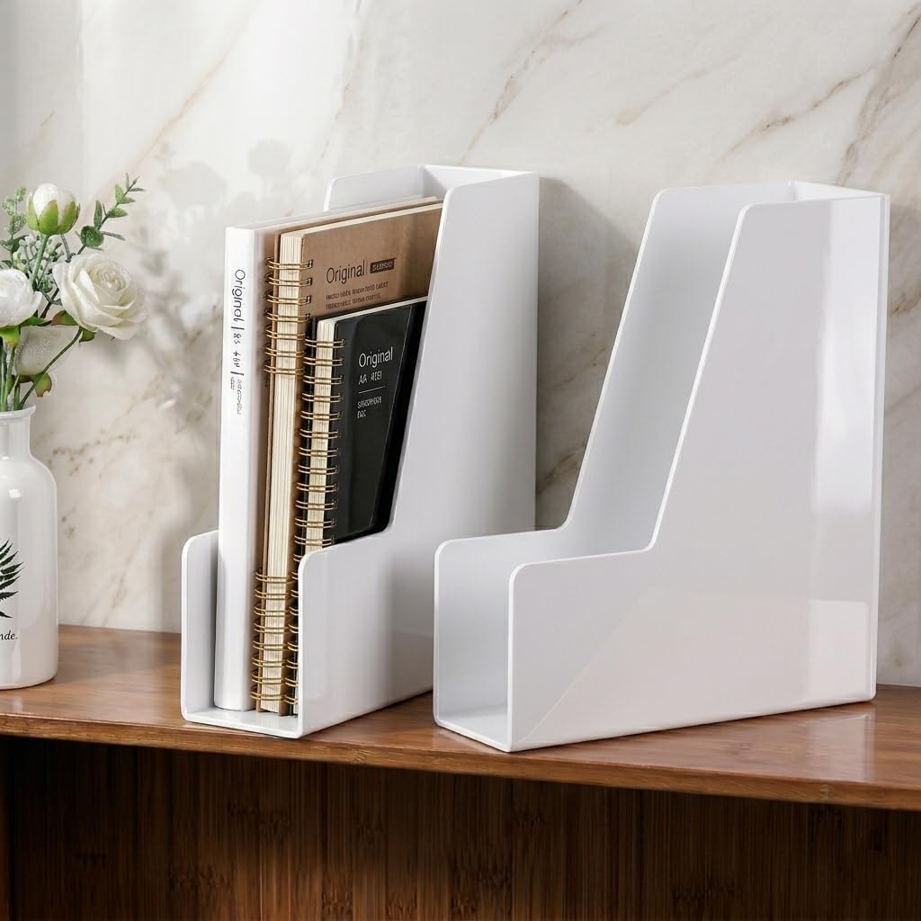 LALOBLUE White Vertical File Organizer, 4 Section Magazine Holder for Desk