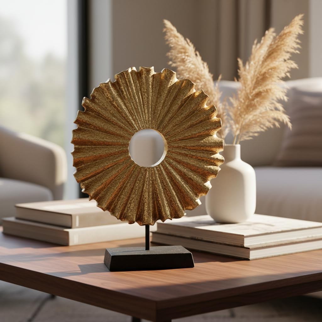 Modern Abstract Round Decorative Sculpture, Dining Living Room Desk Decor,Geometric Home Decor Statues,Shelf Top Decor Aesthetics, Coffee Tables or Office Shelves（Golden）