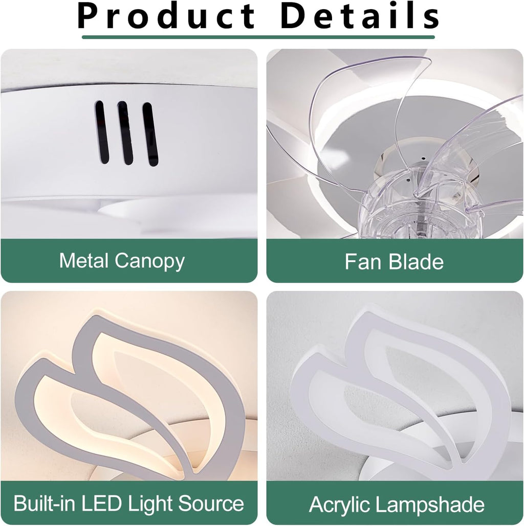 Modern Ceiling Fans with Lights, Low Profile Ceiling Fan with Remote for Bedroom, Flush Mount Ceiling Fan with LED Dimmable Light,3-Colors, 6-Speeds, Timing CeilingFan Light-White Leaves