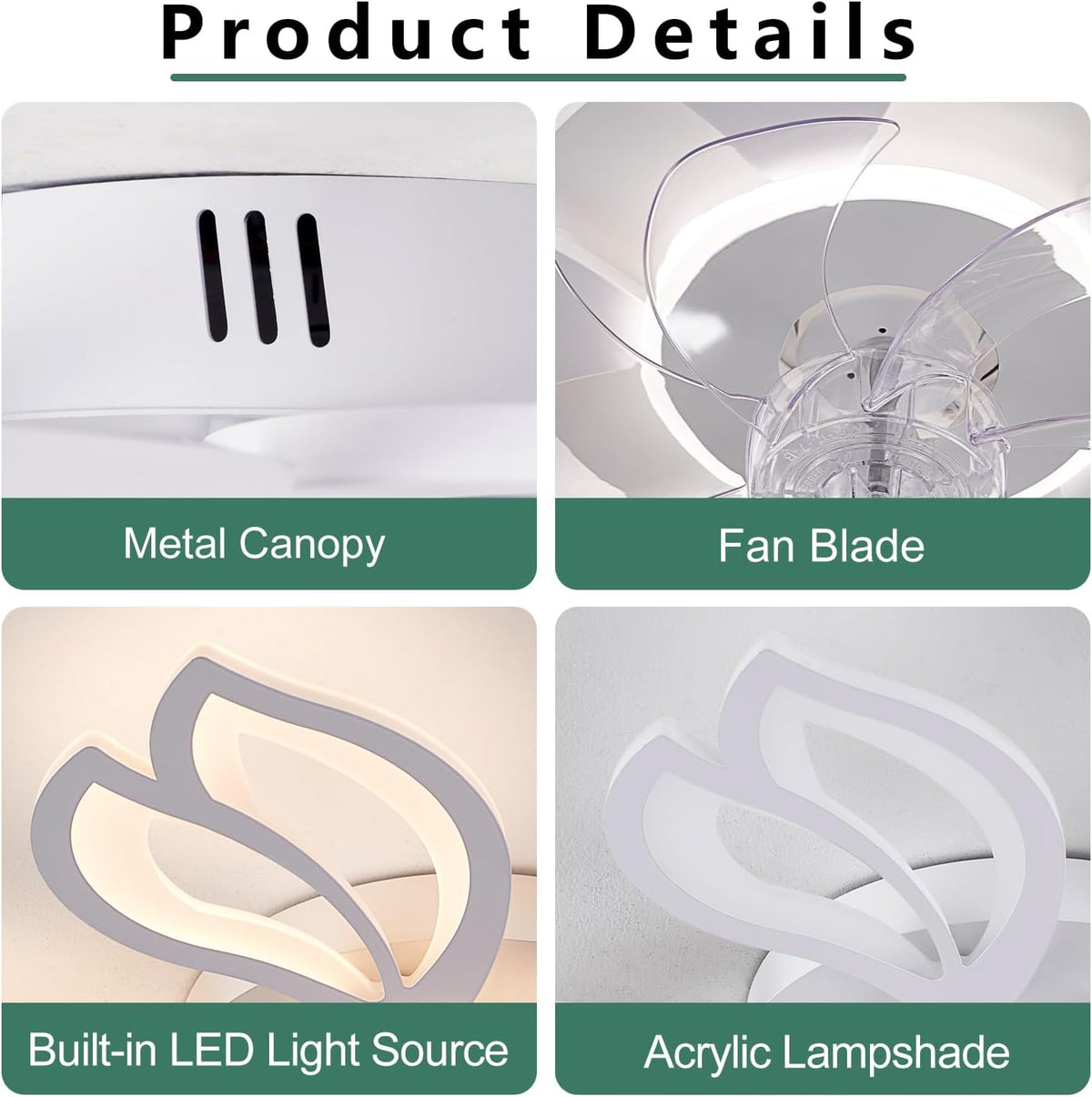 Modern Ceiling Fans with Lights, Low Profile Ceiling Fan with Remote for Bedroom, Flush Mount Ceiling Fan with LED Dimmable Light,3-Colors, 6-Speeds, Timing CeilingFan Light-White Leaves