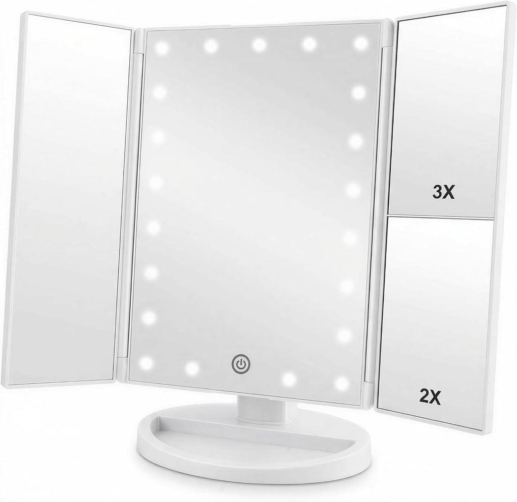 Infitrans Trifold Makeup Mirror Vanity Mirror with Lights,1X 2X 3X Magnification,Touch Control,Adjustable Rotation,Dual Power Supply,Portable Travel Cosmetic Mirror,Birthday Gifts for Women,Teengirls