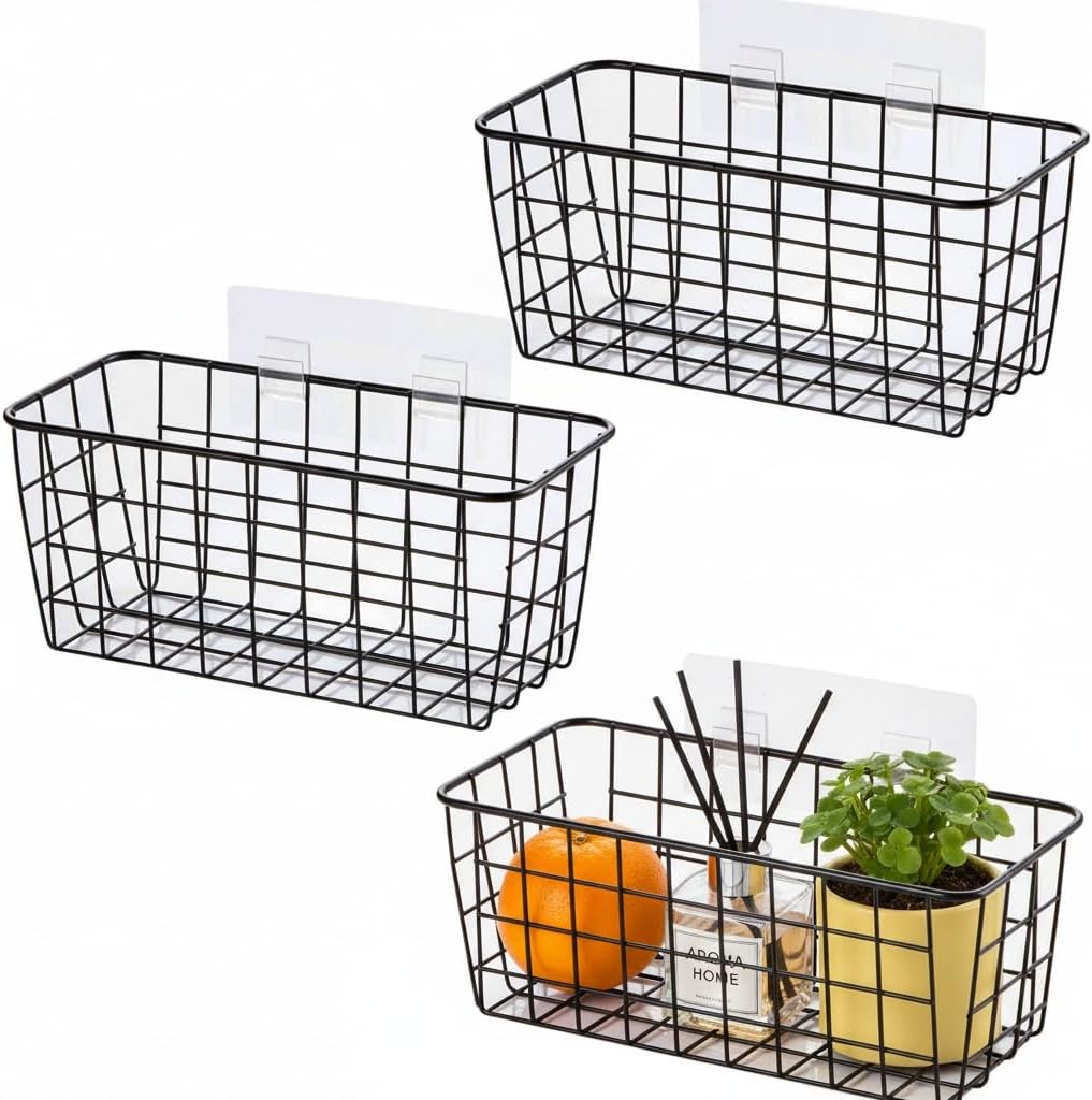LeleCAT Hanging Kitchen Baskets For Storage Adhesive Sturdy Small Wire Storage Baskets No Drilling Wall Mounted Kitchen Food Pantry Bathroom Shelf Storage, 4 PACK,White