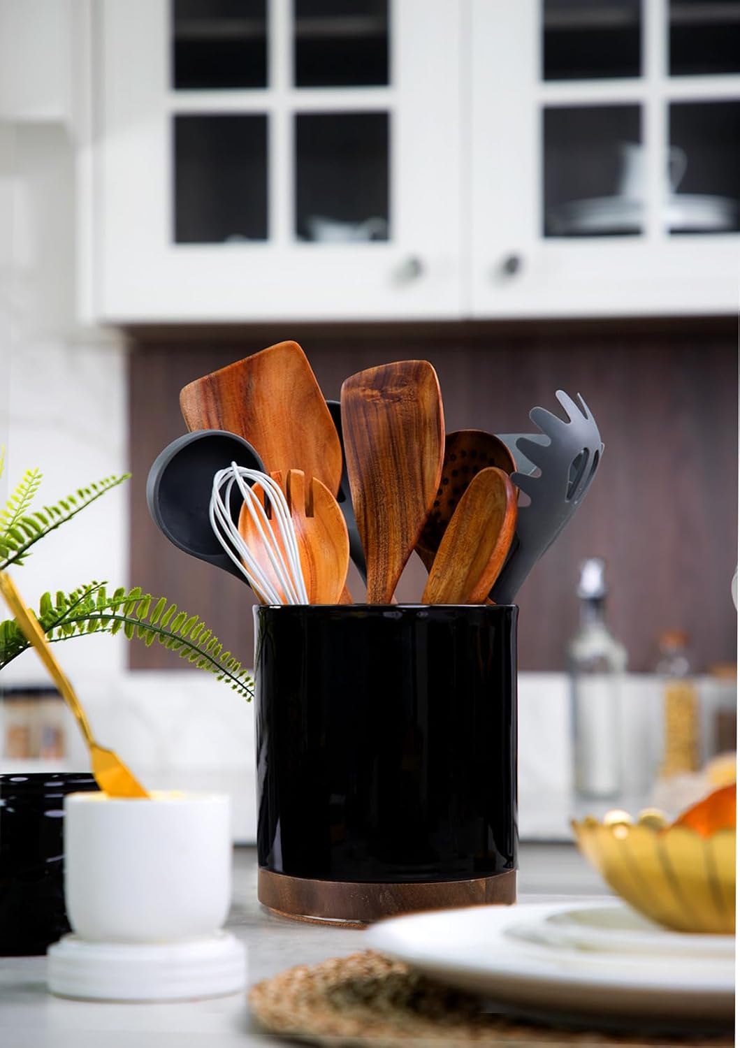Ceramic Rotating Kitchen Utensil Holder for Countertop, 7.2'' Black