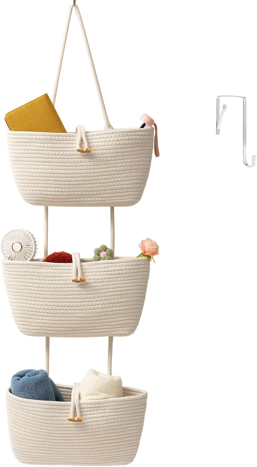 Over the Door Hanging Baskets with Button Strap, 3-Tier Woven Cotton Storage Organizer Bag, Wall-Mounted with Hook Decorative Hanging Kitchen Baskets - White
