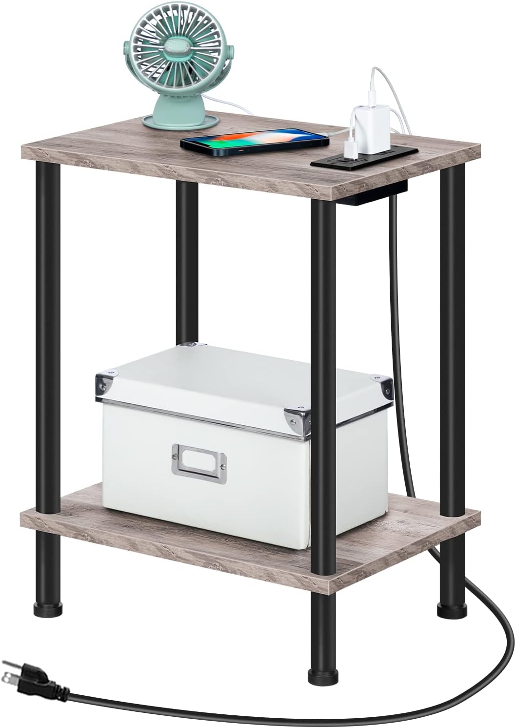 HOOBRO Side Table with Charging Station, Small End Table, Nightstand