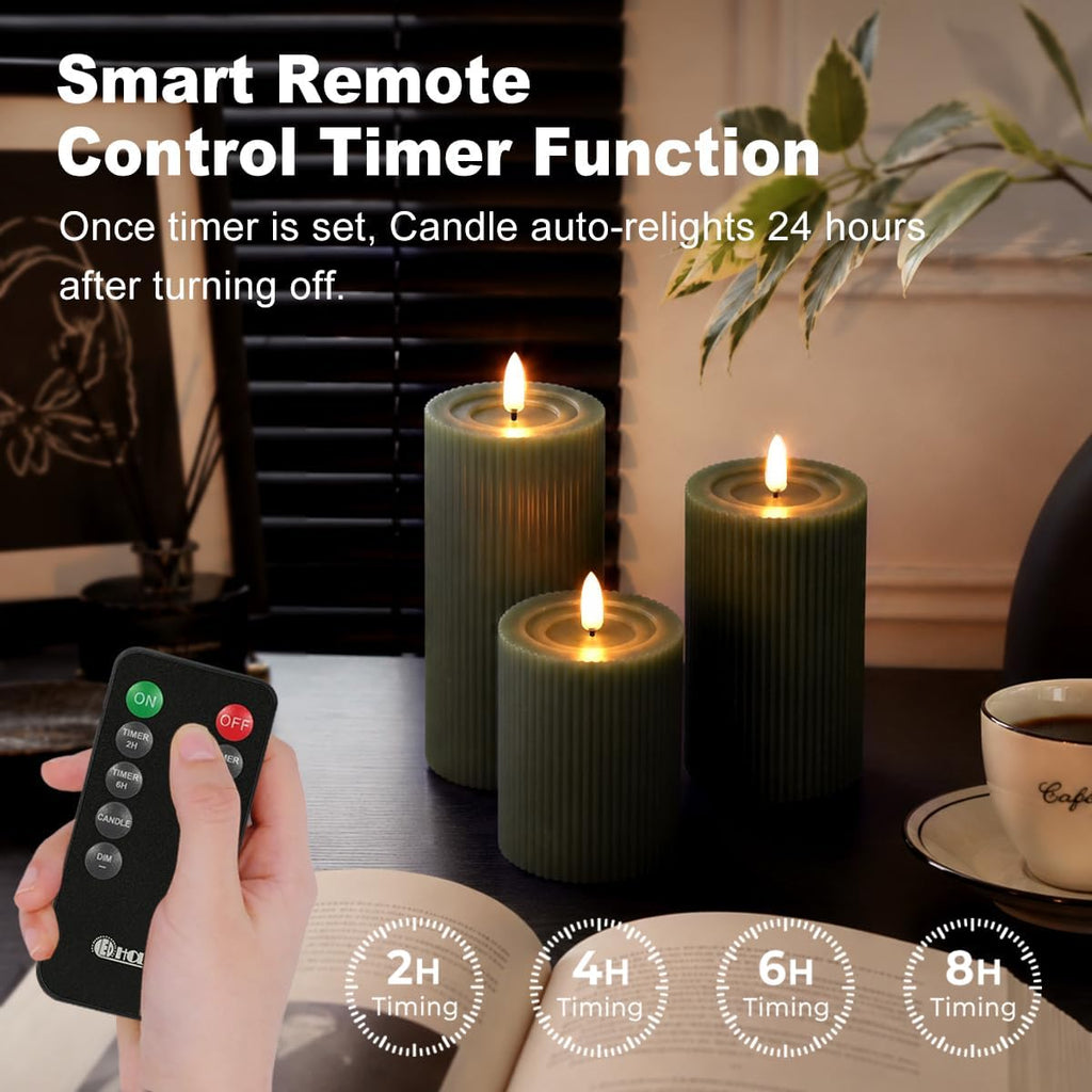 LEDHOLYT Rechargeable Ribbed Fluted Real Wax LED Flameless Candles with Remote and Timer, Flickering Fake Flame Candles for Festival Wedding Home Party Decor(Olive Green)