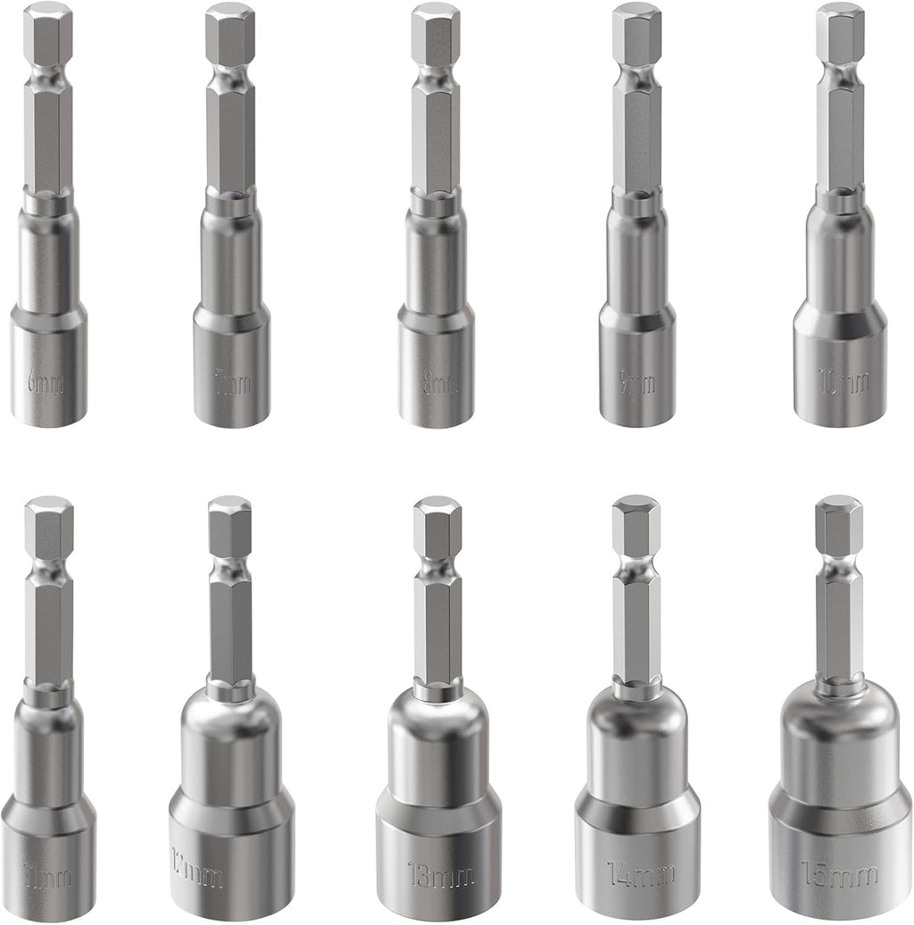 10 Pcs Power Nut Driver Drill Bit Set, 6-15mm, 6.5" Long, Magnetic