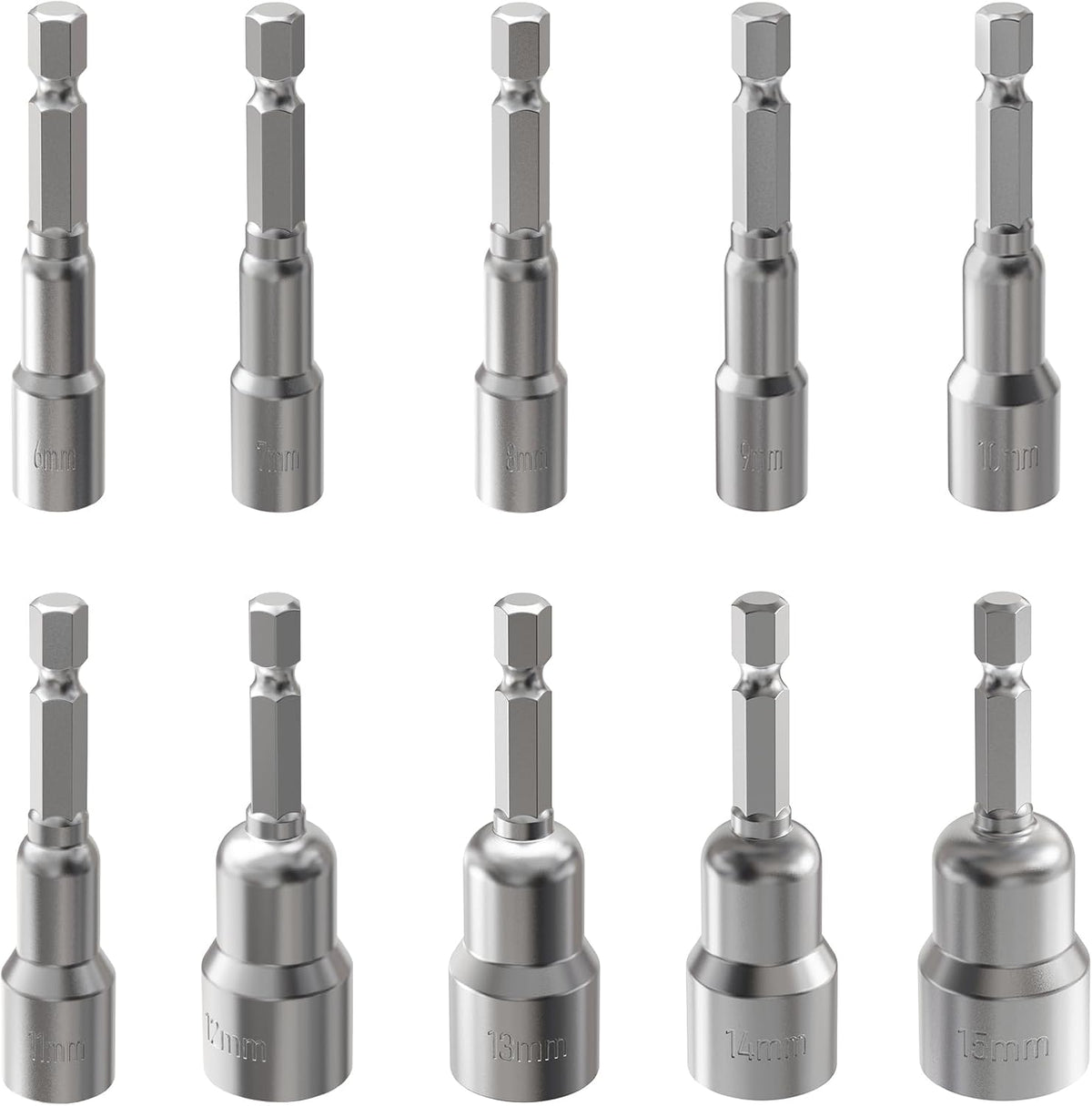 10 Pcs Power Nut Driver Drill Bit Set, 6-15mm, 6.5" Long, Magnetic