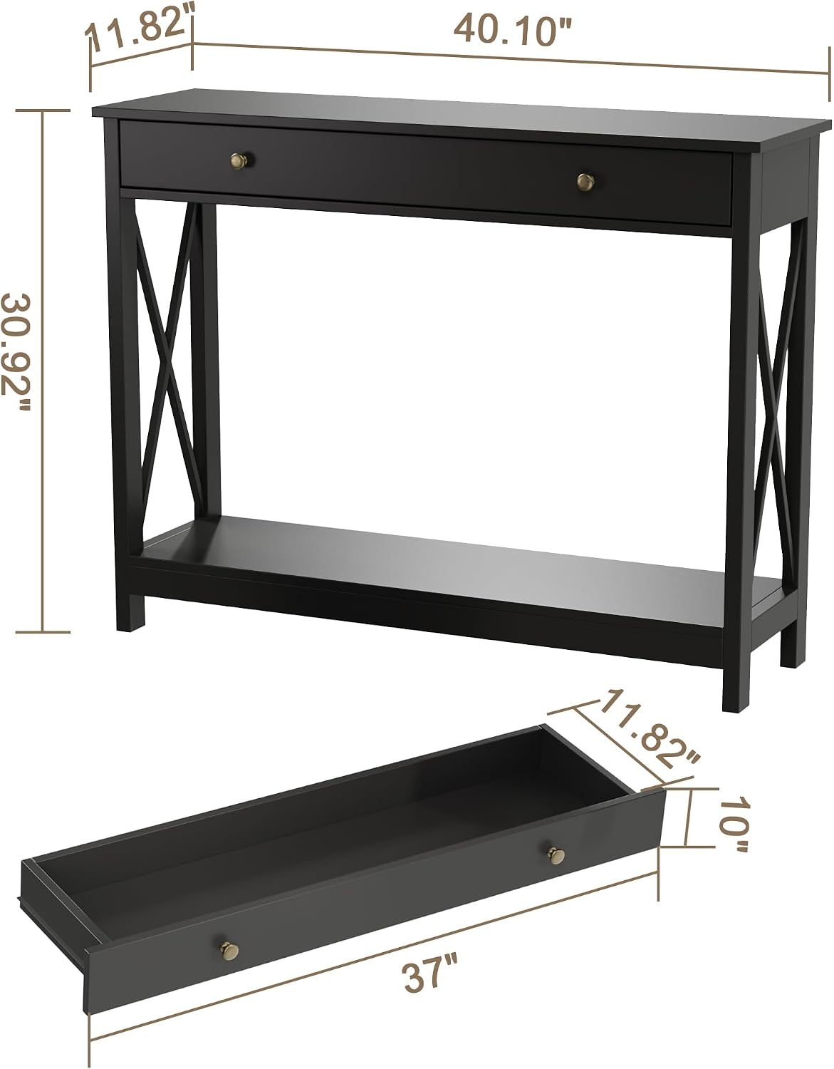 Treocho Black Console Table with Drawer and Storage Shelves, Foyer Sofa Table Narrow for Entryway, Living Room, Hallway