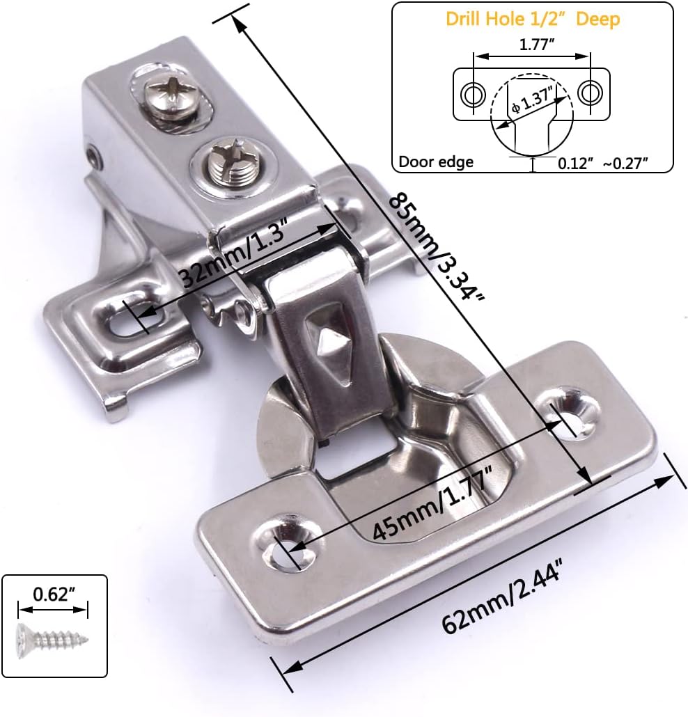 20 Pack Soft Close Cabinet Door Hinges for 1/2 Inch Overlay Cupboard, 105 Degree Opening Angel, Stainless Concealed Kitchen Cabinet Hinges with Mounting Screws, Manual and Door Bumpers