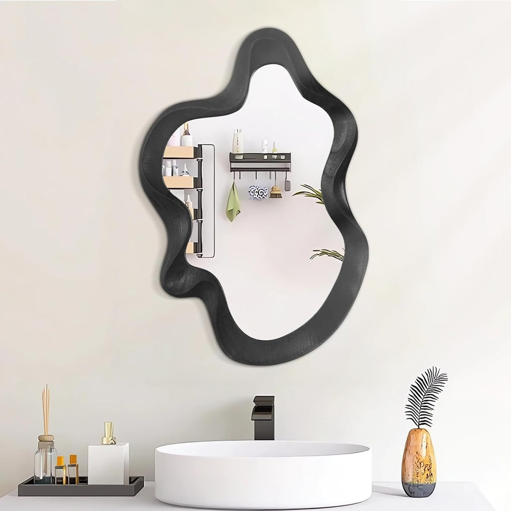 Large Irregular Wavy Mirror Modern Cloud Wall Mirror Asymmetrical Wooden Framed Wall Mirror Wall Mounted Unique Shape Vanity Artistic Mirror Decor for Bedroom Living Room Bathroom Entryway