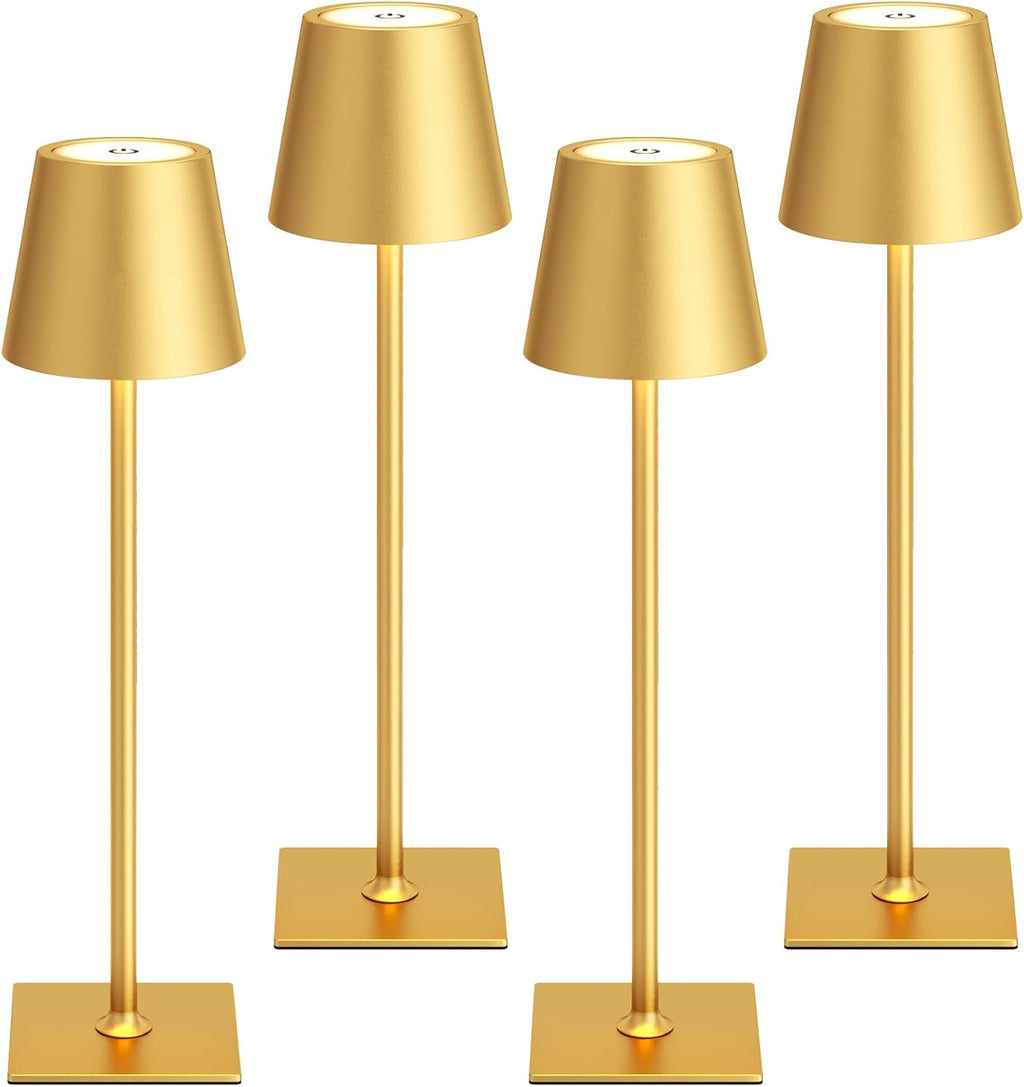 Kakanuo Gold Cordless Rechargeable Table Lamp 5000mAh Battery Operated Lamps, 3 Colors Stepless Dimming Touch Lamp for Dining, Living Room, Outdoor Patio, Kitchen Counter, 4 Pack