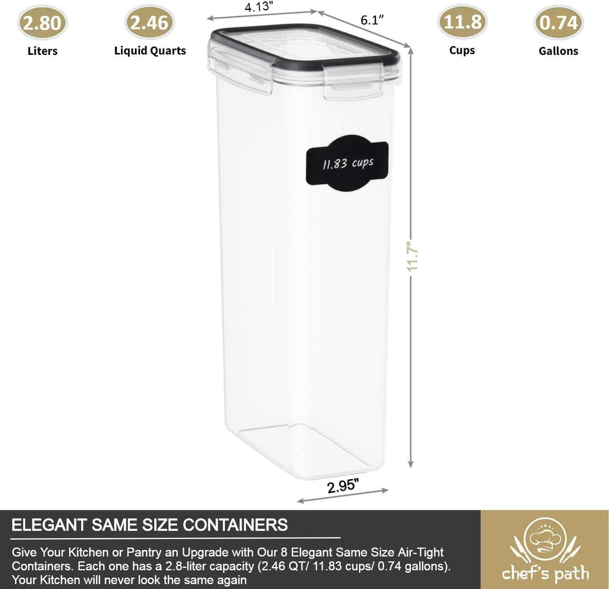 Chef's Path - Kitchen Storage Box Set - 8 Airtight Food Jars for Storing Spaghetti, Pasta, Flour, Cereals, Pet Food Preservation, BPA Free (3 quarts)