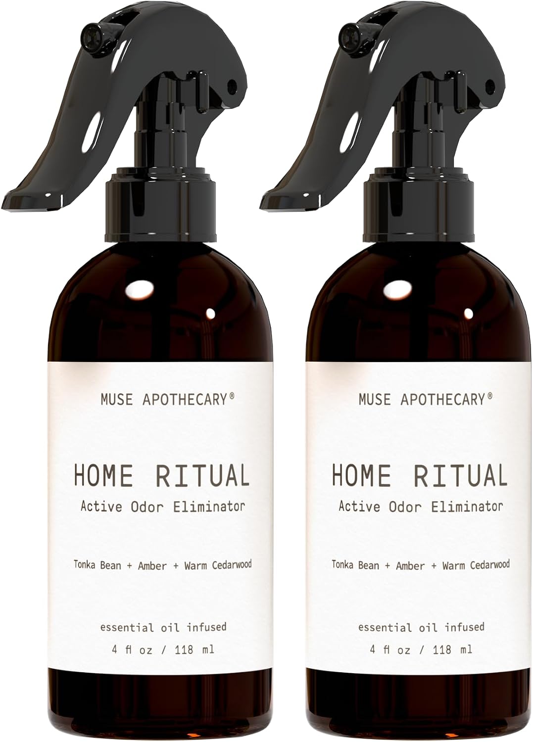 Muse Apothecary Home Ritual Active Odor Eliminator Spray - Furniture Deodorizer Spray & Bathroom Odor Eliminator for Home - Essential Oil Air Freshener - 4oz, Tonka Bean + Amber + Warm Cedarwood
