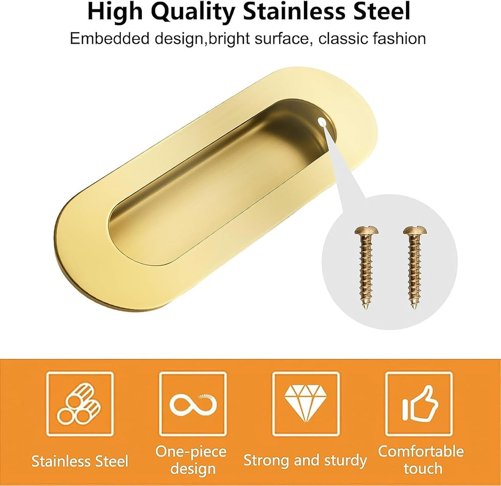 MOROBOR 4Pcs Stainless Steel Side Hole Flush Pull, Oval Bright Gold Embedded Sliding Door Handle Recessed Finger Pulls with Hidden Screws for Pocket Door Drawer Cupboard Wardrobe