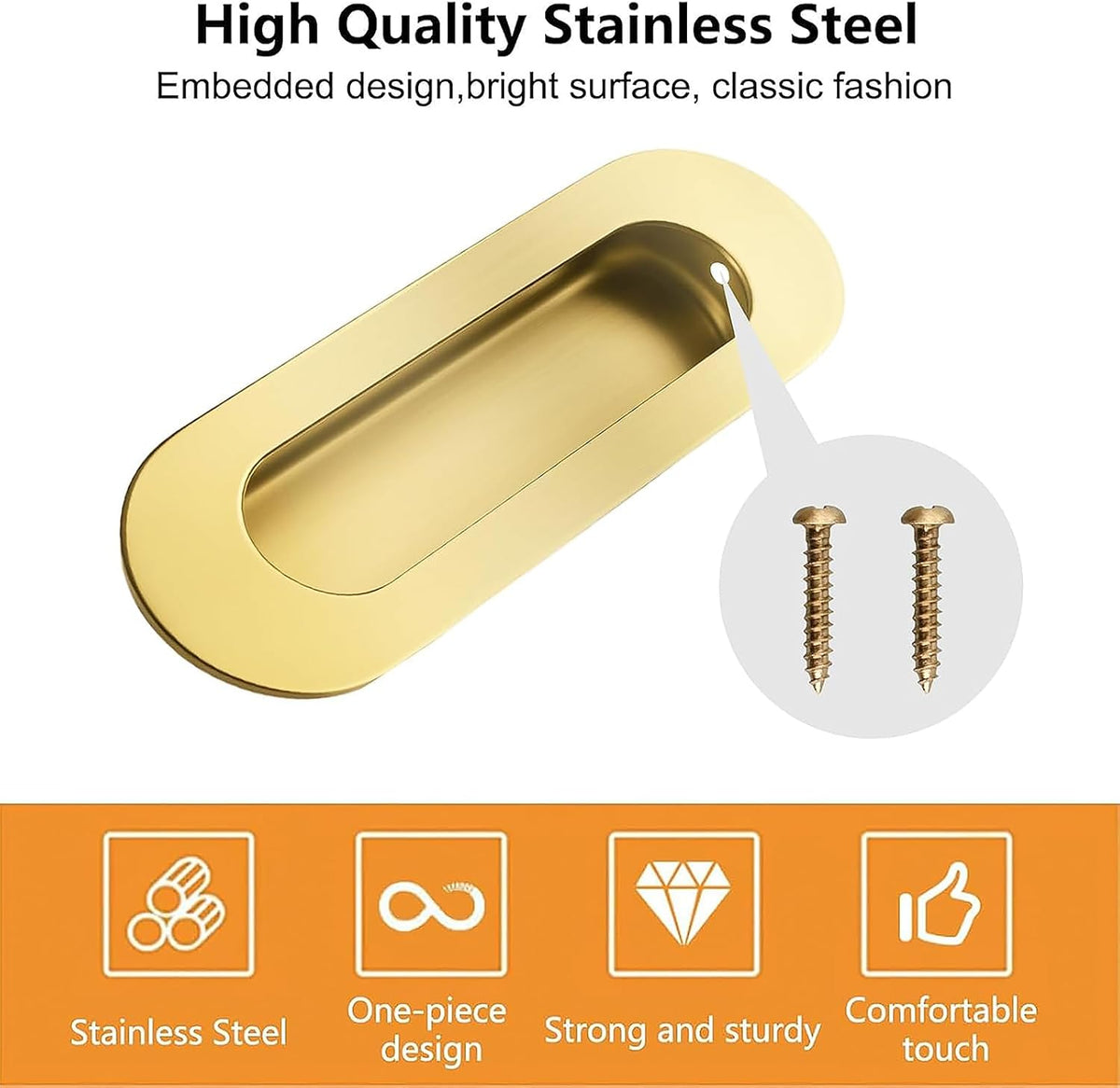 MOROBOR 4Pcs Stainless Steel Side Hole Flush Pull, Oval Bright Gold Embedded Sliding Door Handle Recessed Finger Pulls with Hidden Screws for Pocket Door Drawer Cupboard Wardrobe