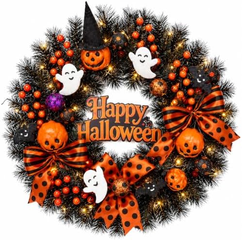 22 Inch Halloween Wreath for Front Door with Light Pumpkin Ghost Decor