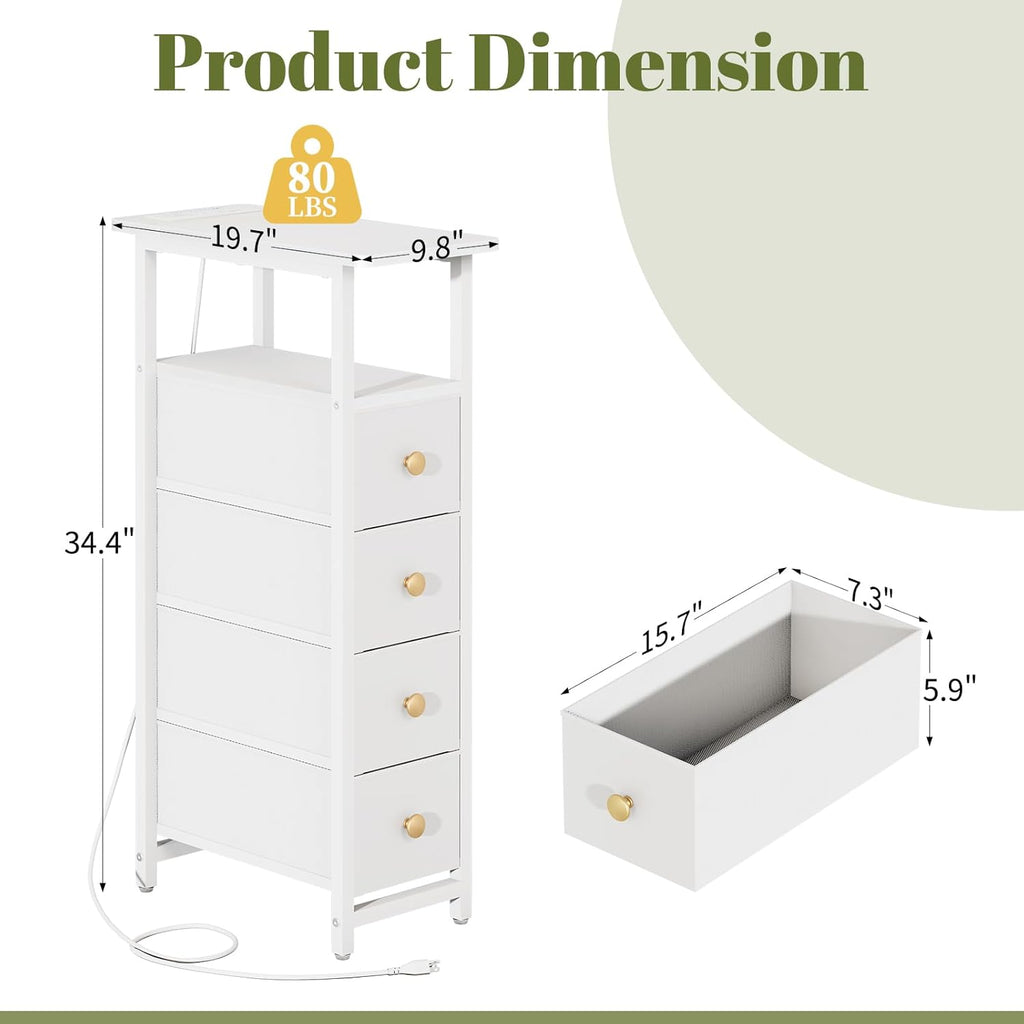 Yoobure Narrow Nightstand with Charging Station, LED Tall Narrow Side Table