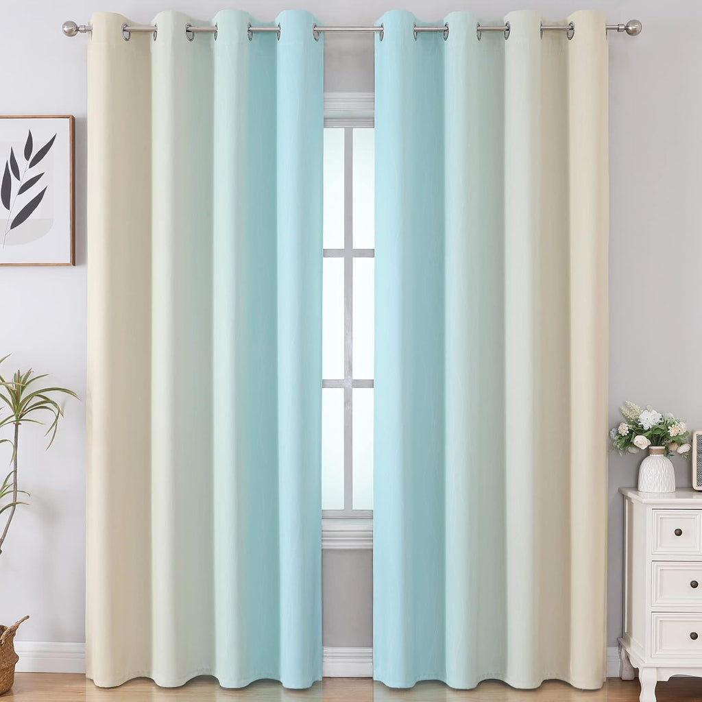 Estelar Textiler Aqua and Beige Ombre Blackout Curtains for Bedroom 84 Inch