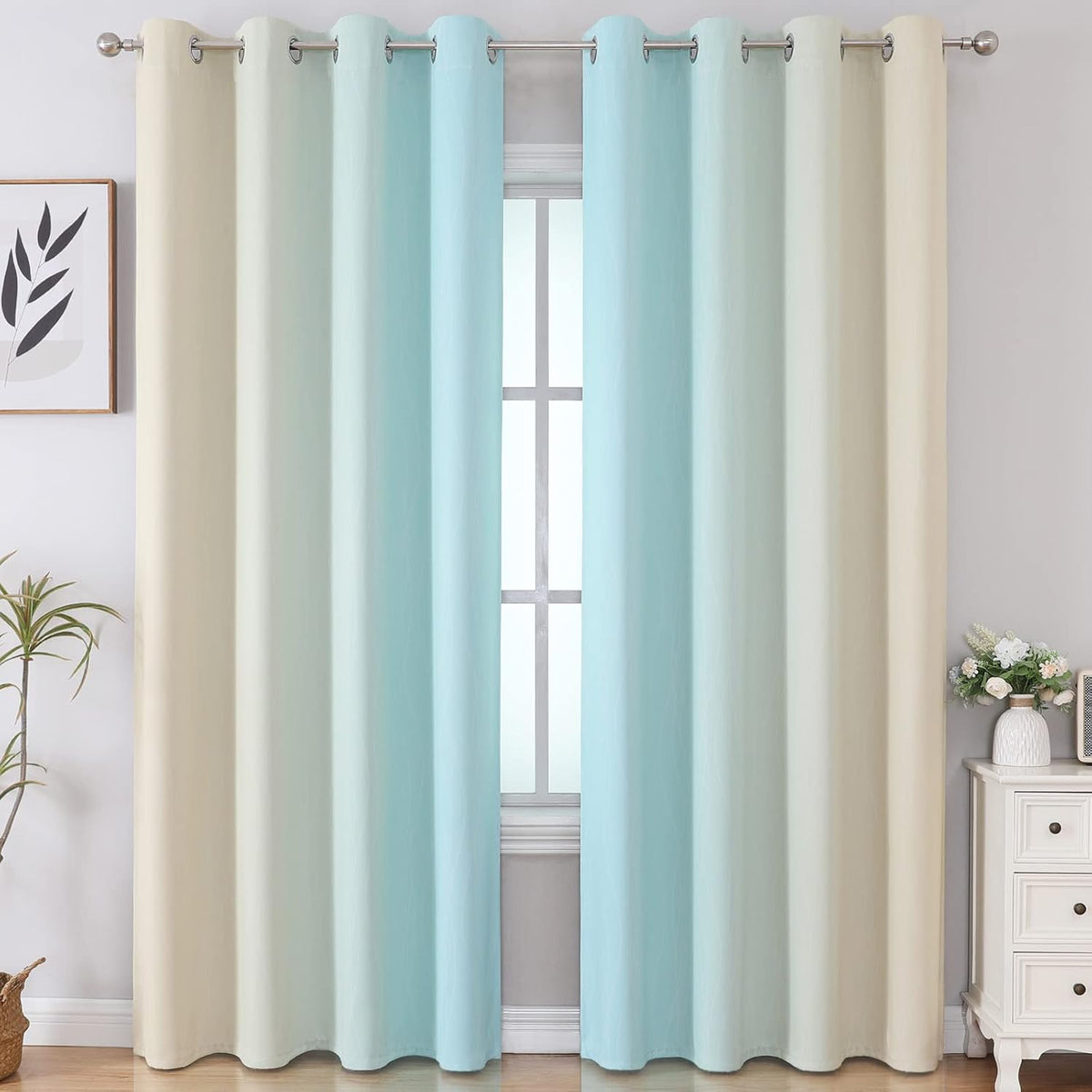 Estelar Textiler Aqua and Beige Ombre Blackout Curtains for Bedroom 84 Inch