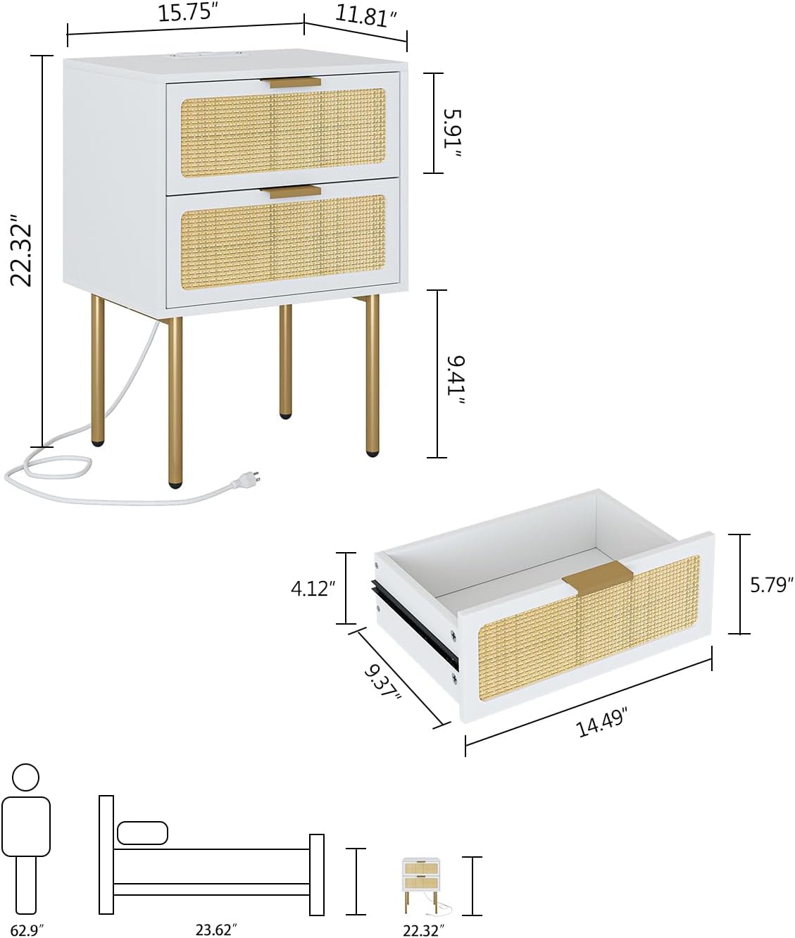 Aobafuir Nightstand with Charging Station, Rattan Nightstand for Bedroom, Small Bedside Table with Drawers, Night Stand, End Table with Gold Frame for Living Room (White, 2 Drawers)