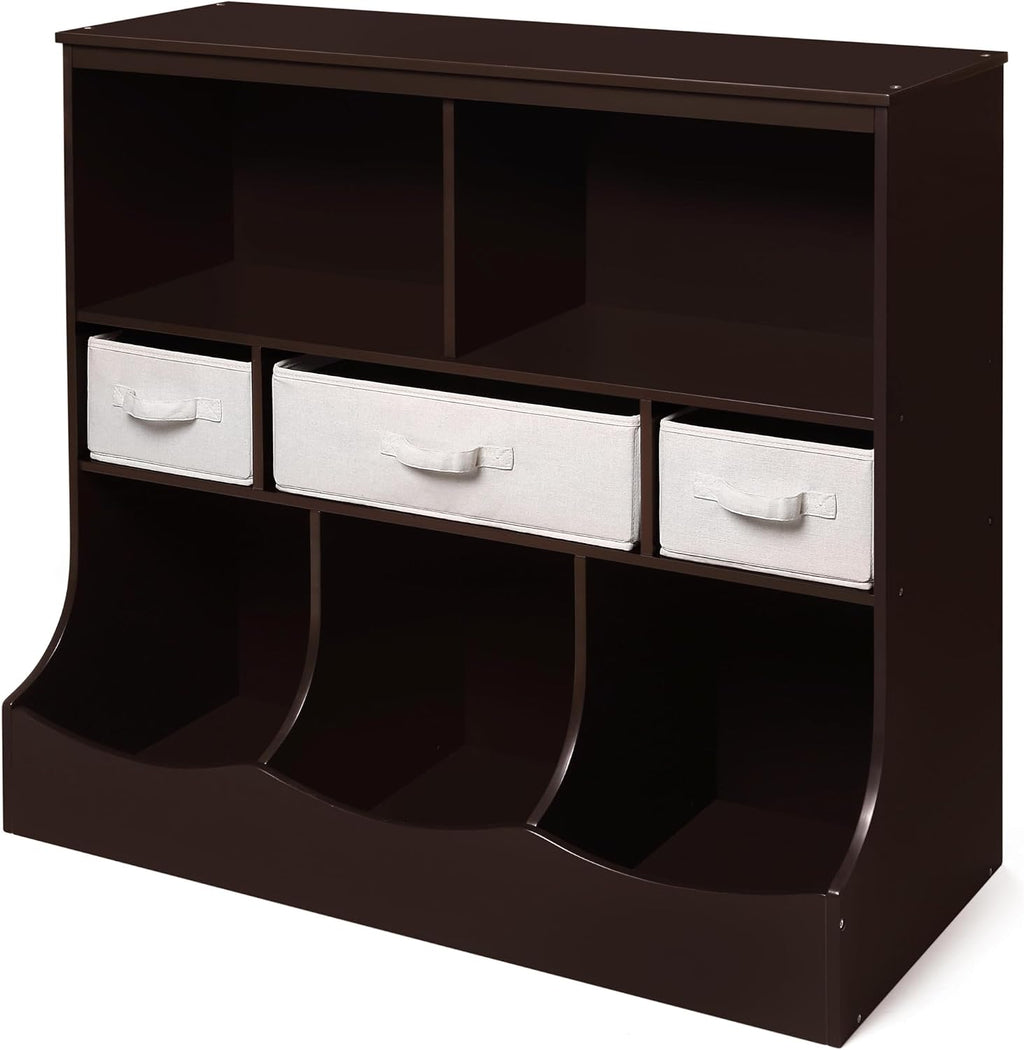 Badger Basket Combo Toy Storage Organizer and Bookshelf - Kids Storage Unit with 3 Removable Baskets, Open Shelves, Top Display Surface - Espresso